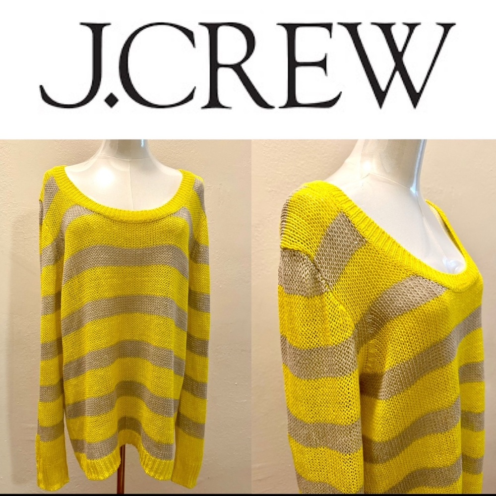 J.Crew Loose Knit Striped Yellow & Grey Sweater, Size Large, 100% Linen - Picture 1 of 7